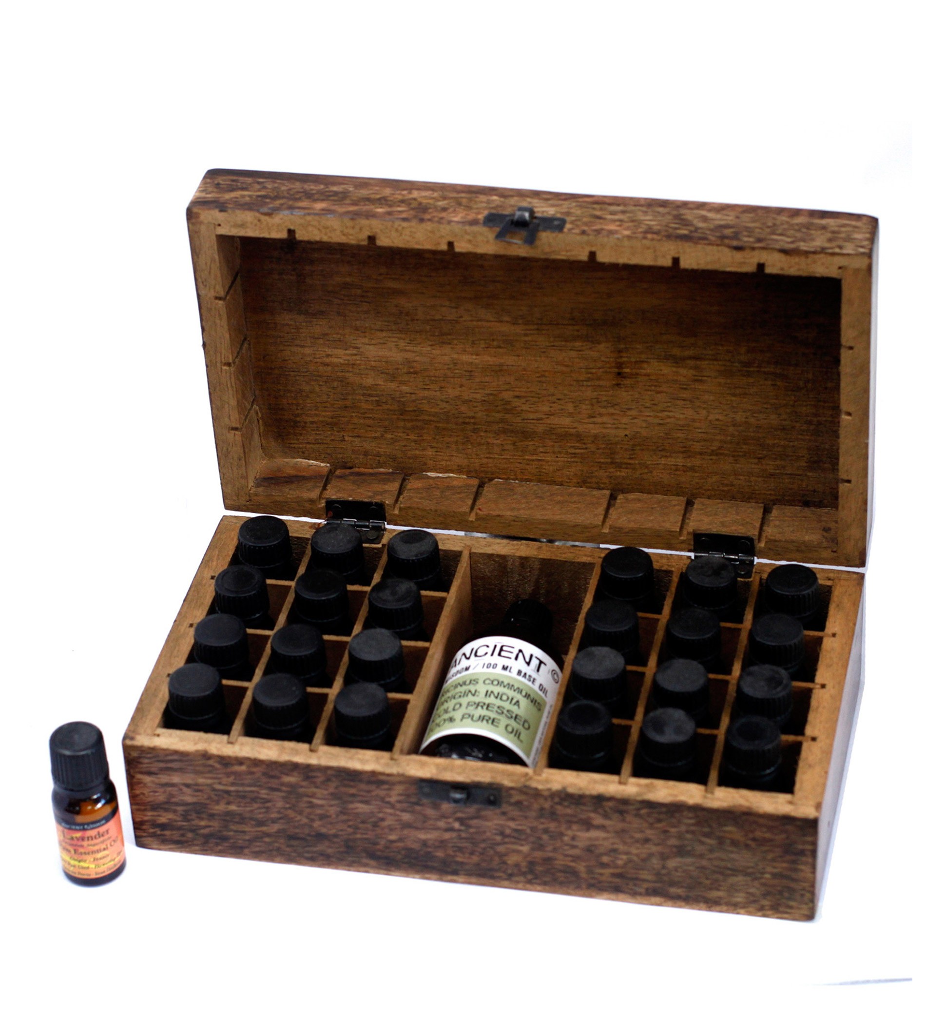 Aromatherapy Carved Wooden Box 24 Essential + Base Oil Set 