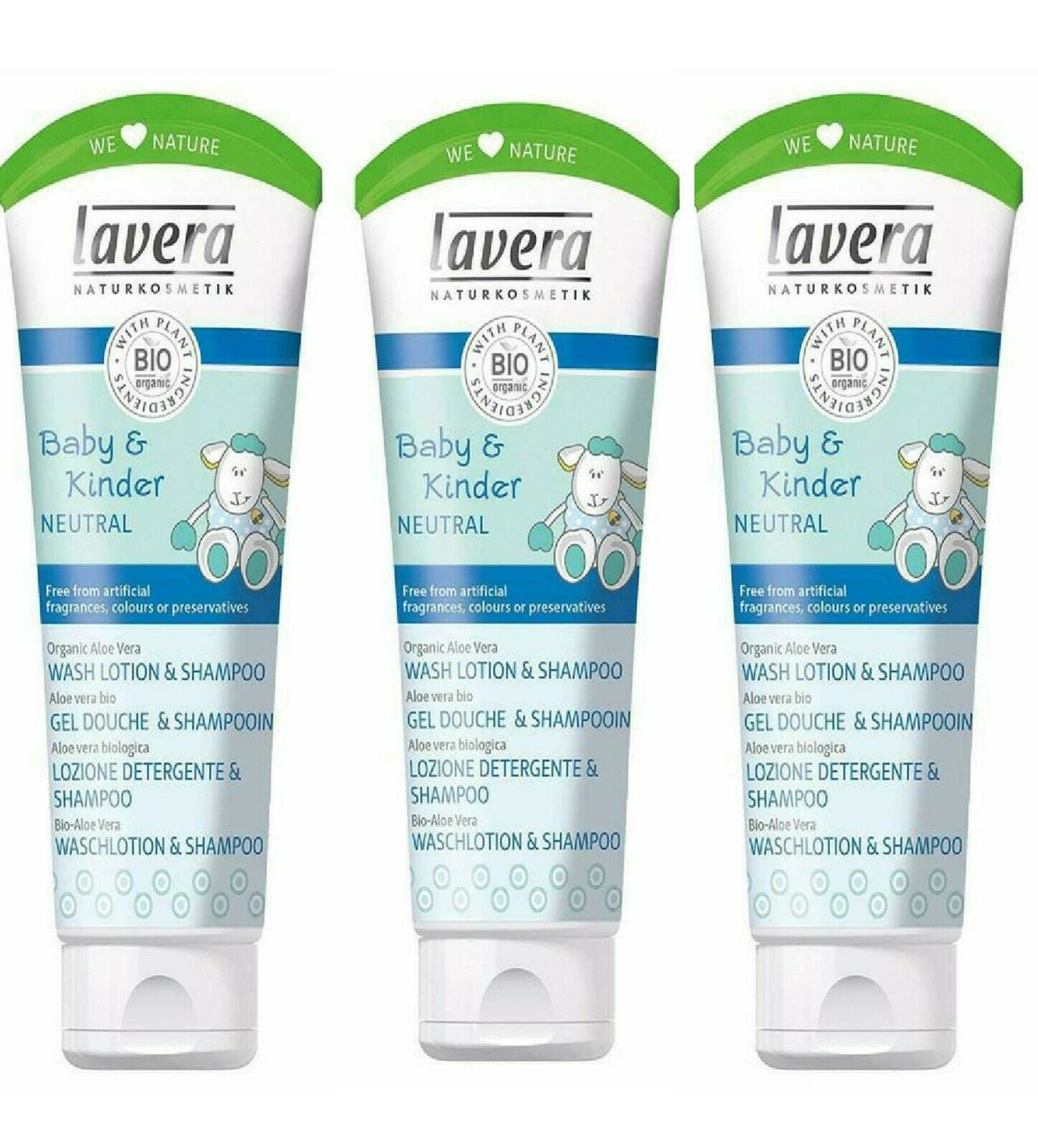 3 x Lavera Baby & Kinder Neutral Wash Lotion & Shampoo For Skin & Hair 