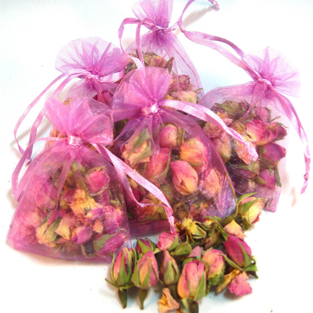 10 Dried Pink Rose Buds in Organza Bags