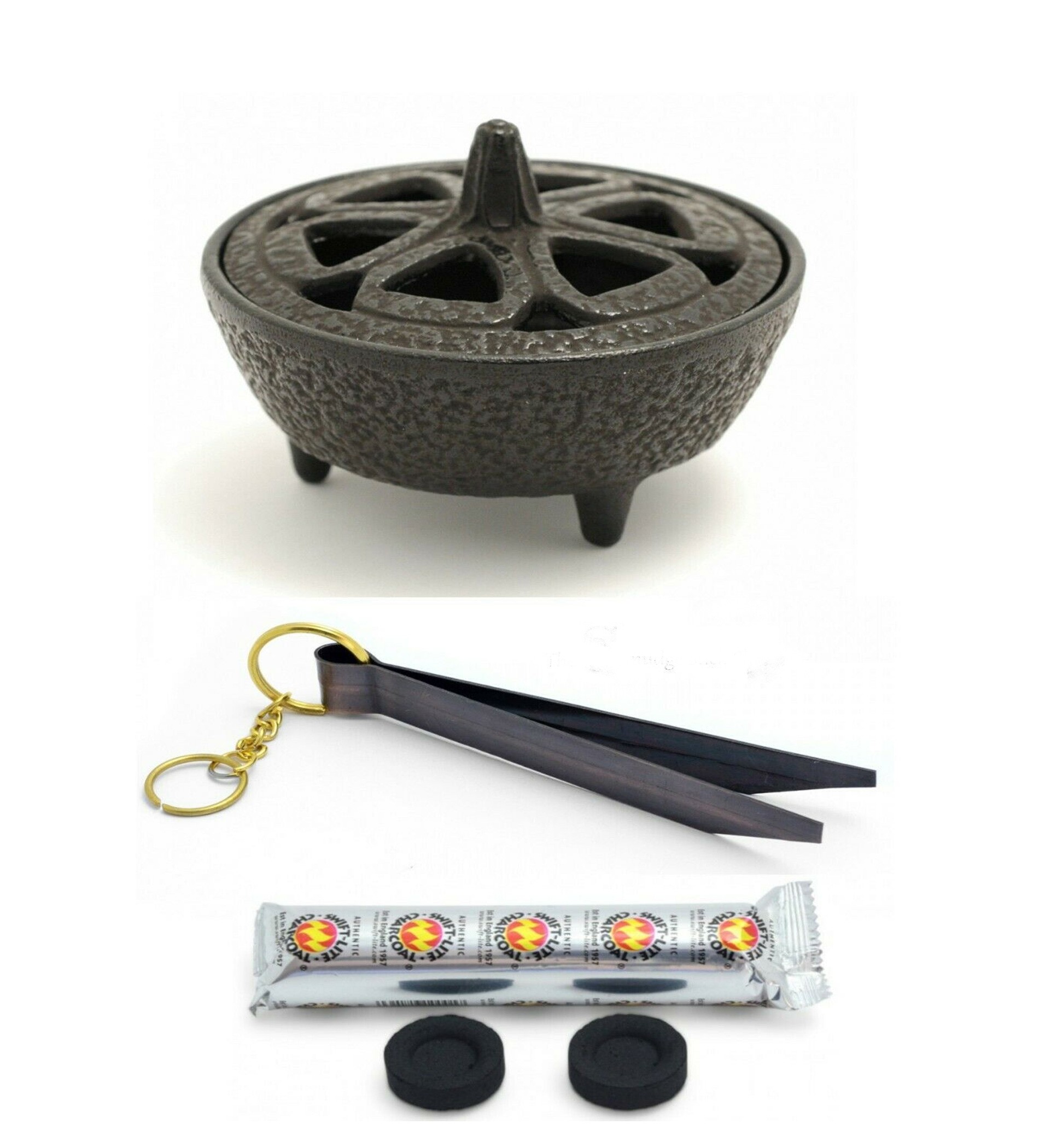 Cast Iron Lotus Incense Bowl Charcoal & Tong Set