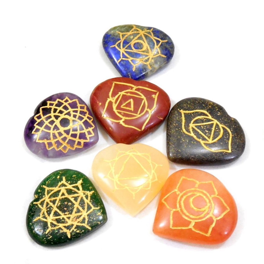 7 Chakra Heart Shaped Engraved Stones Set 