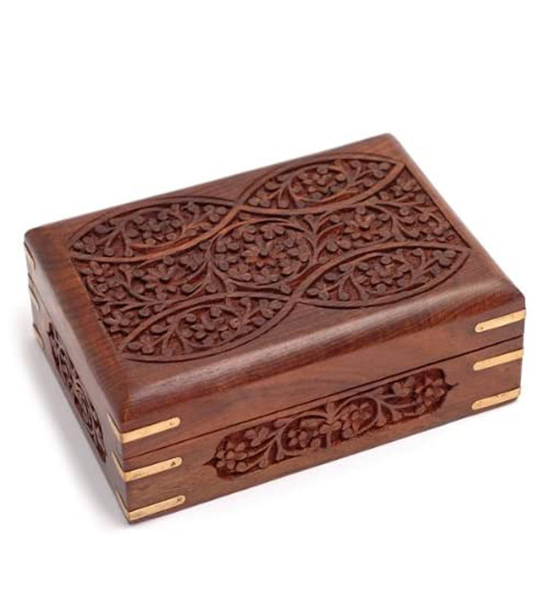 Hand Carved Ornate Wooden Box With Brass Corners