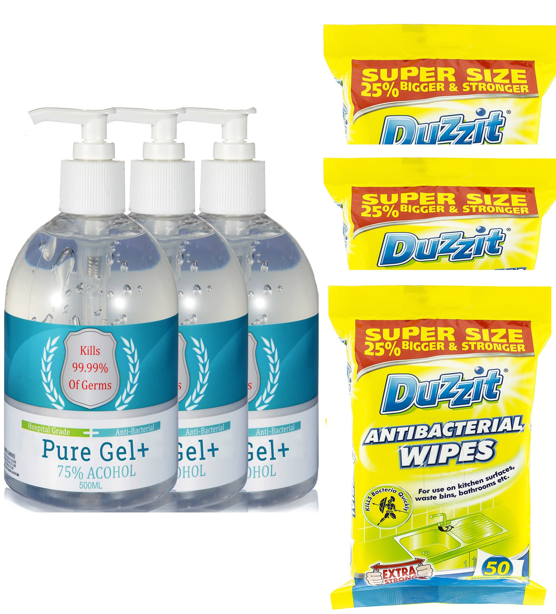 3 x Pure Gel Antibacterial Hand Gel & 3 Duzzit Antibacterial Wipes 