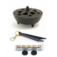 Cast Iron Lotus Incense Bowl Charcoal & Tong Set