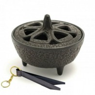 Cast Iron Lotus Incense Bowl & Tong Set