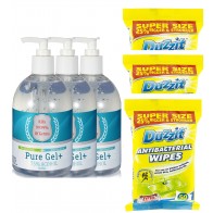 3 x Pure Gel Antibacterial Hand Gel & 3 Duzzit Antibacterial Wipes 