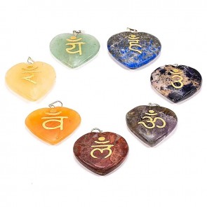 Chakra Sanskrit Symbol Hearts Pendants Set
