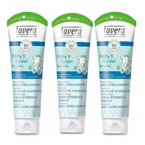 3 x Lavera Baby & Kinder Neutral Wash Lotion & Shampoo For Skin & Hair 