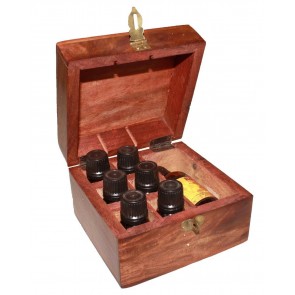 Aromatherapy Carved Wooden Box 6 Essential Oils & Base Oil