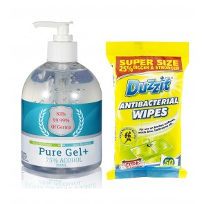 Pure Gel Antibacterial Hand Gel & Duzzit Disinfectant Antibacterial Wipes 